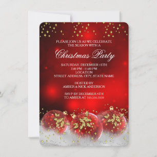 Red Gold Holly Baubles Christmas Holiday Party Invitation
