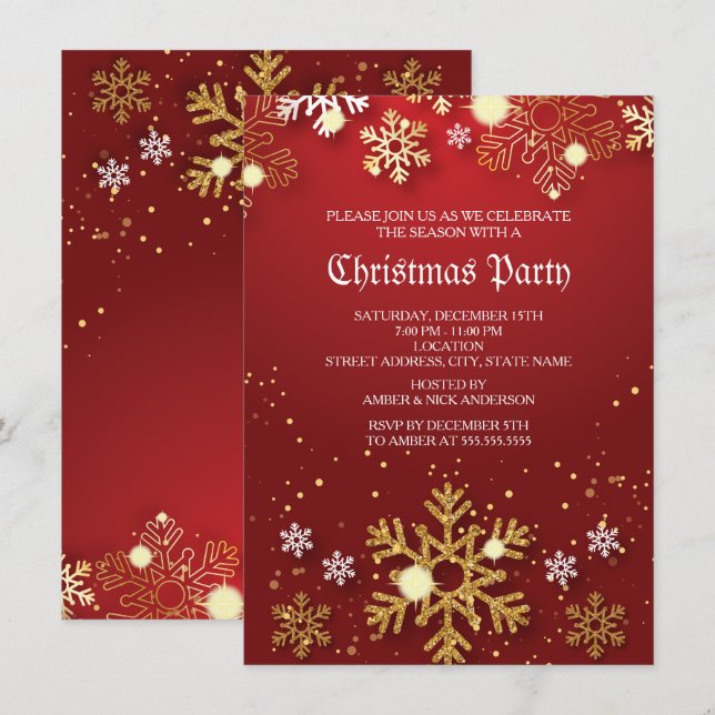 Red Gold Holly Baubles Christmas Holiday Party Invitation (Front/Back)