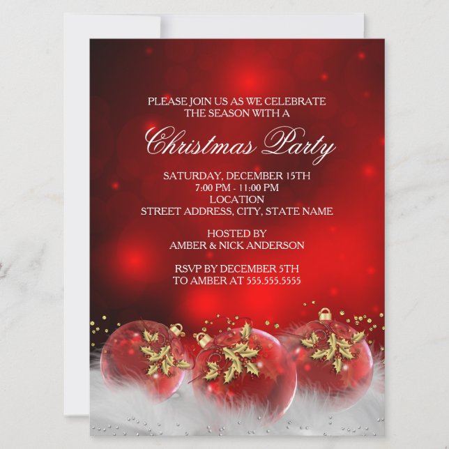 Red & Gold Holly Baubles Christmas Party Invite (Front)