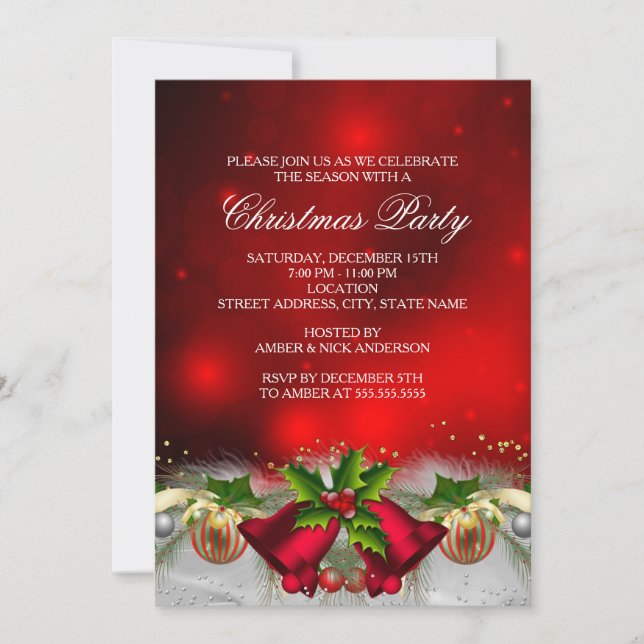 Red & Gold Holly Baubles Christmas Party Invite (Front)