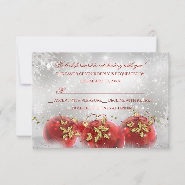Red & Gold Holly Baubles Christmas Party RSVP (Front)