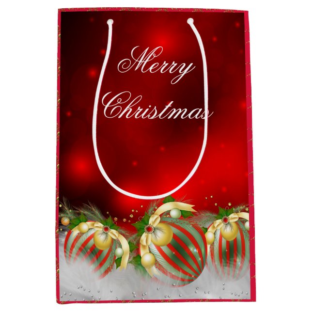 Red & Gold Holly Baubles Merry Christmas 2 Medium Gift Bag (Front)