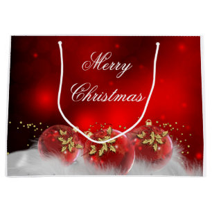 Red & Gold Holly Baubles Merry Christmas Large Gift Bag