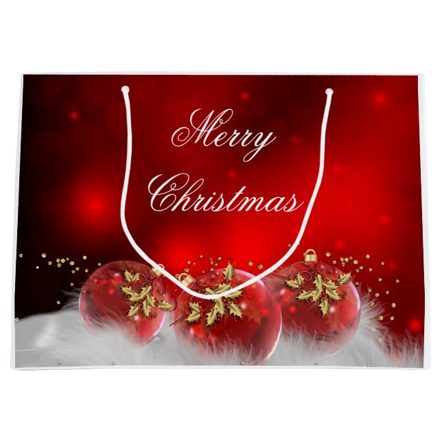 Red & Gold Holly Baubles Merry Christmas Large Gift Bag (Front)