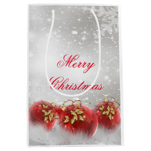 Red & Gold Holly Baubles Silver Merry Christmas Medium Gift Bag
