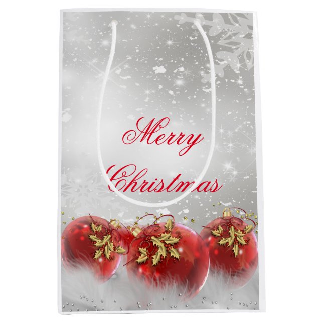 Red & Gold Holly Baubles Silver Merry Christmas Medium Gift Bag (Front)