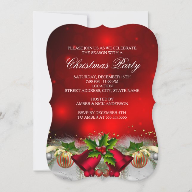 Red & Gold Holly Bells Christmas Party Invite (Front)