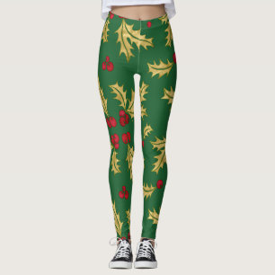 Red & Gold Holly Berries & Leaves in Watercolor Leggings