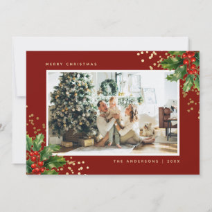 Red Gold Holly Berries Photo Christmas Cards