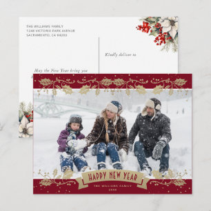 Red Gold Holly Berries Photo Happy New Year Holiday Postcard