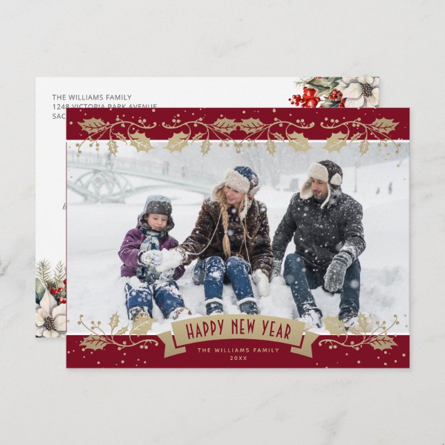 Red Gold Holly Berries Photo Happy New Year Holiday Postcard (Front/Back)