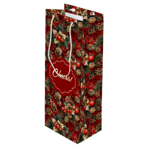 Red Gold Holly Berries Pine Cones Wine Gift Bag