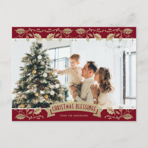 Red Gold Holly Christmas Blessings Christian Photo Holiday Postcard
