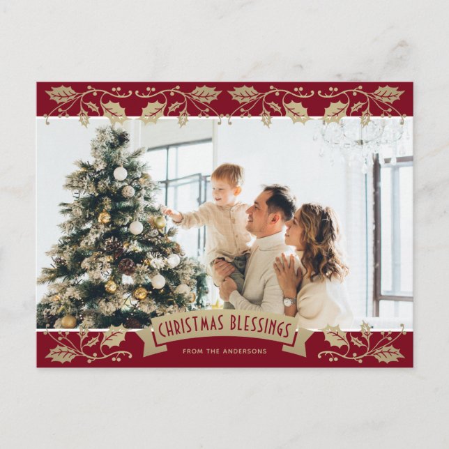 Red Gold Holly Christmas Blessings Christian Photo Holiday Postcard (Front)