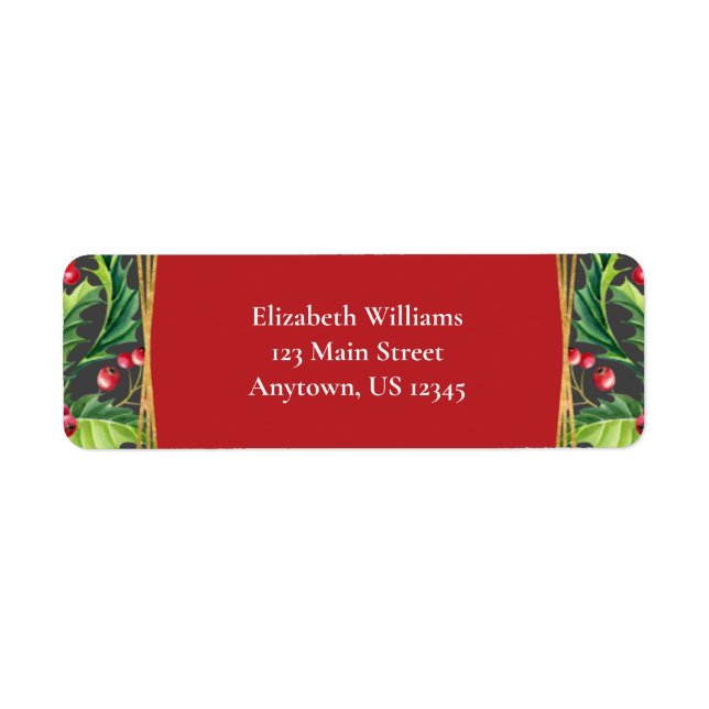 Red Gold Holly Christmas Return Address Label (Front)