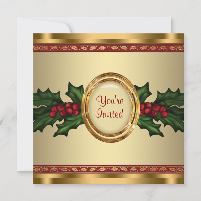 Red Gold Holly Corporate Christmas Party Invitation (Front)