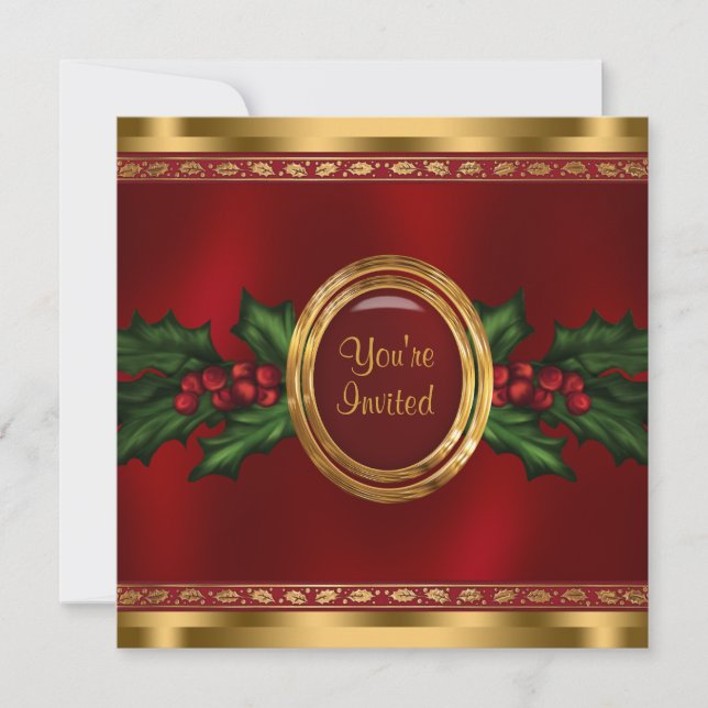 Red Gold Holly Corporate Christmas Party Invitation (Front)