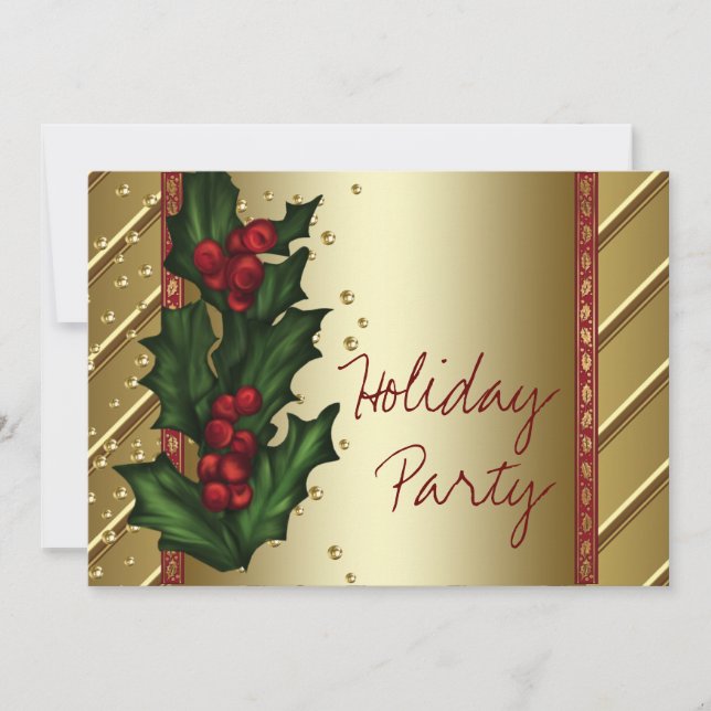 Red Gold Holly Corporate Holiday Party Invitation (Front)