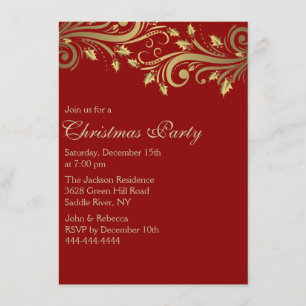Red & Gold Holly Flourish Christmas Party Invite