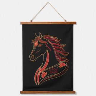 Red & Gold Horse with Lotus, Spiritual Symbolic  Hanging Tapestry