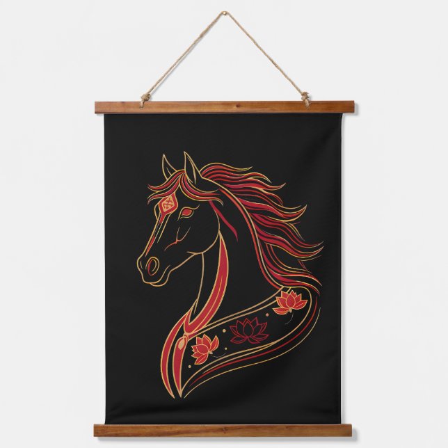 Red & Gold Horse with Lotus, Spiritual Symbolic  Hanging Tapestry (Front)