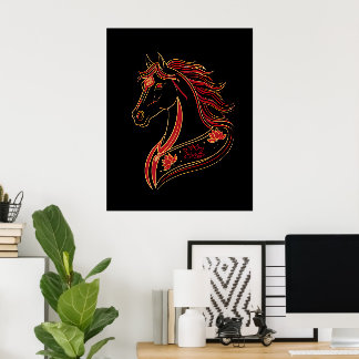 Red & Gold Horse with Lotus, Spiritual Symbolic  Poster