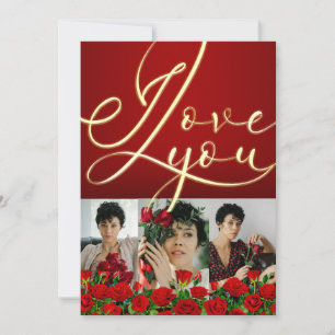 Red Gold  I Love You Red Valentine’s Photo Collage Holiday Card
