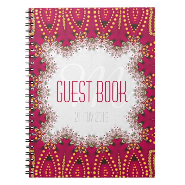 Red Gold Indian Bohemian Monogram Guest Book (Front)
