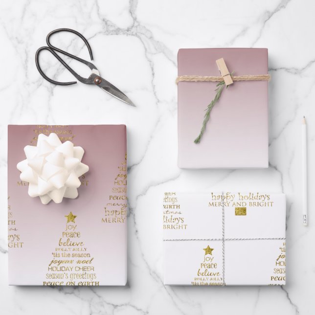 Red Gold Inspirational Christmas Tree Peace Joy Wrapping Paper Sheet (Front)