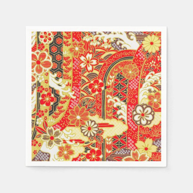 Red Gold Japanese Kimono Floral Decoupage Paper Napkin (Front)