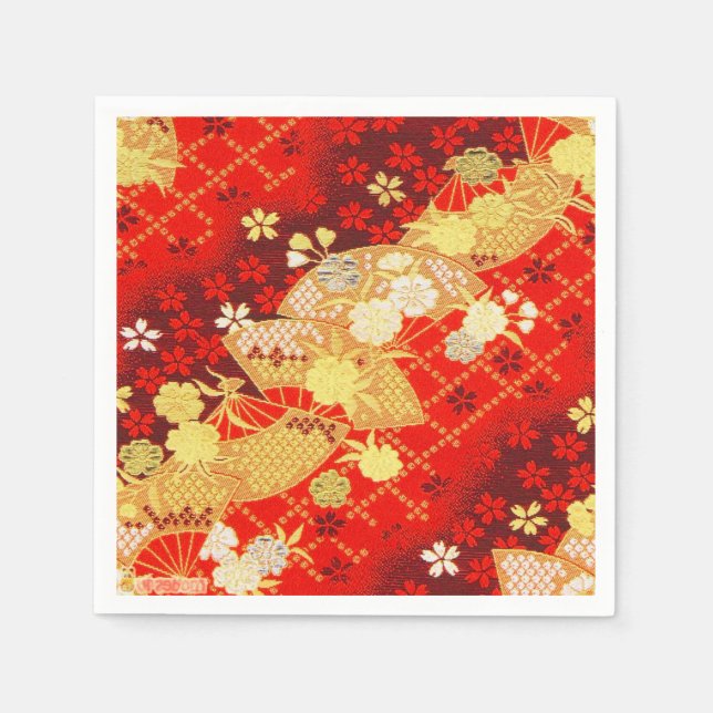 Red Gold Japanese Kimono Floral Decoupage Paper Napkin (Front)