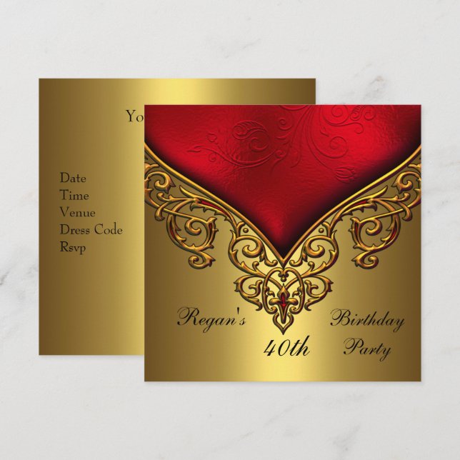 Red Gold Jewel 40th Elegant Birthday Party Invitation (Front/Back)