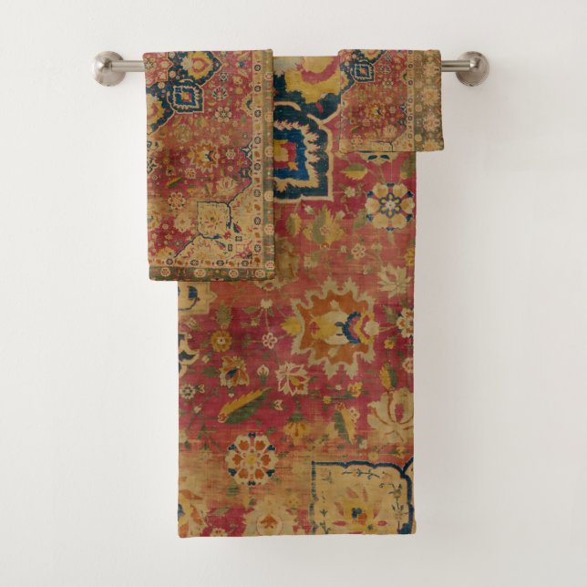 Red Gold Kashan Carpet Rug Persian Asian Bath Towel Set (Insitu)