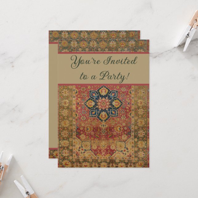 Red Gold Kashan Carpet Rug Persian Asian Invitation (Front/Back In Situ)