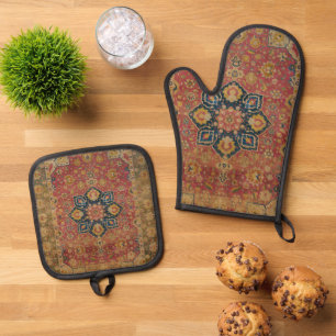 Red Gold Kashan Carpet Rug Persian Asian Oven Mitt & Pot Holder Set