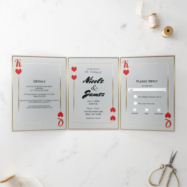 Red Gold King & Queen of Hearts Casino Wedding  Tr Tri-Fold Invitation (Inside)
