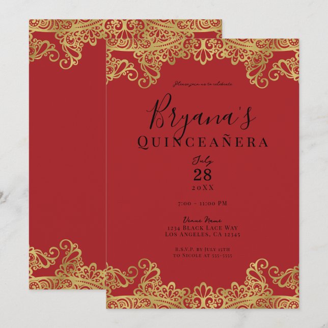 Red & Gold Lace Elegant Quinceañera Party  Invitation (Front/Back)