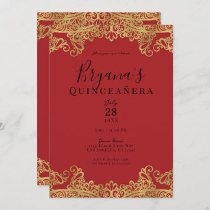 Red & Gold Lace Elegant Quinceañera Party  Invitation