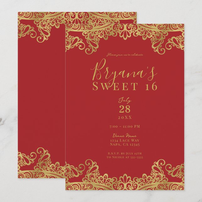 Red & Gold Lace Elegant Sweet 16 Party  Invitation (Front/Back)