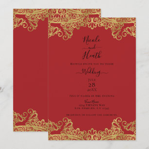 Red & Gold Lace Elegant Wedding Invitation