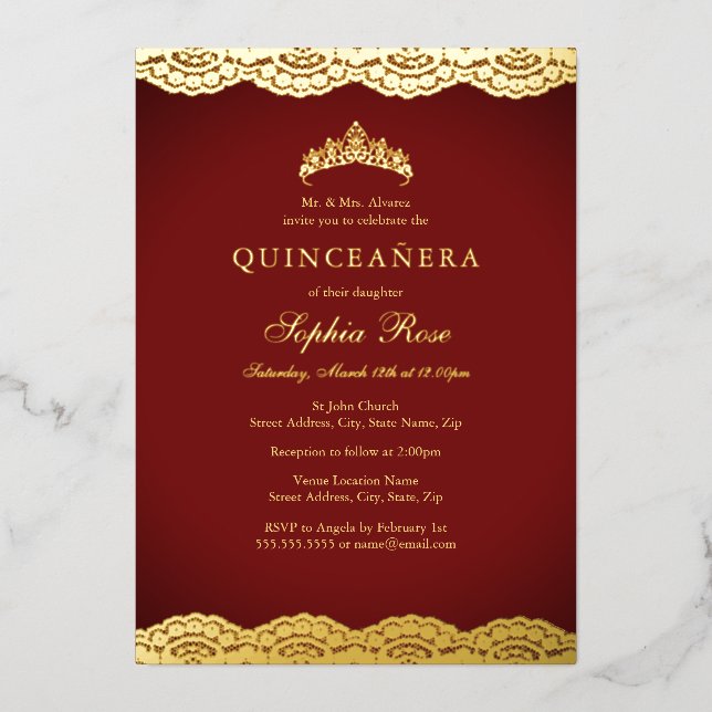 Red Gold Lace Tiara Quinceanera Foil (Front)