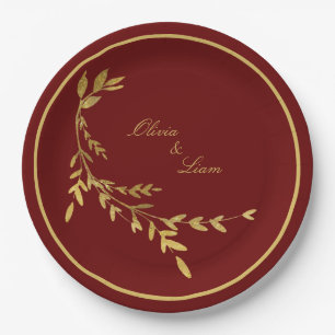 Red Gold Leaf Elegant Name Script Wedding Paper Plate