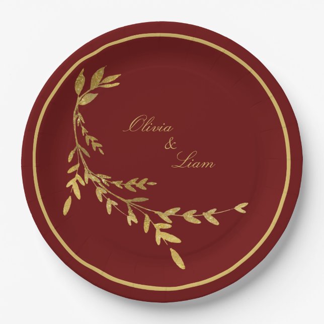 Red Gold Leaf Elegant Name Script Wedding Paper Plate (Front)