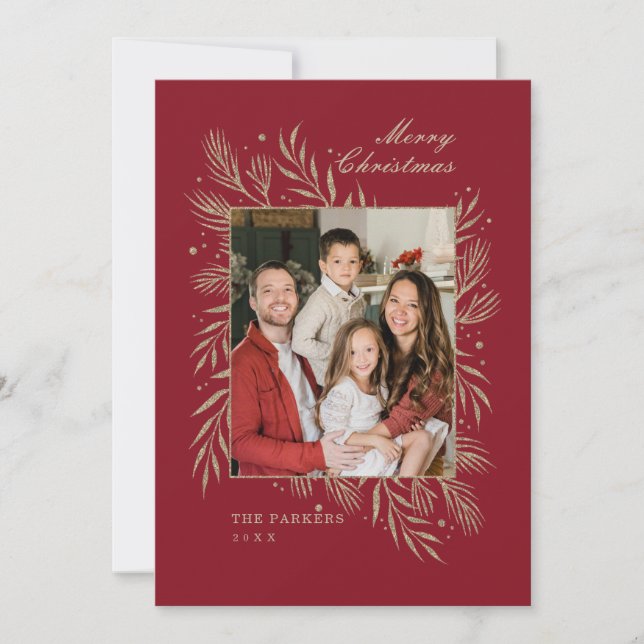 Red Gold Leaves Family Photo Frame Christmas Card (Front)