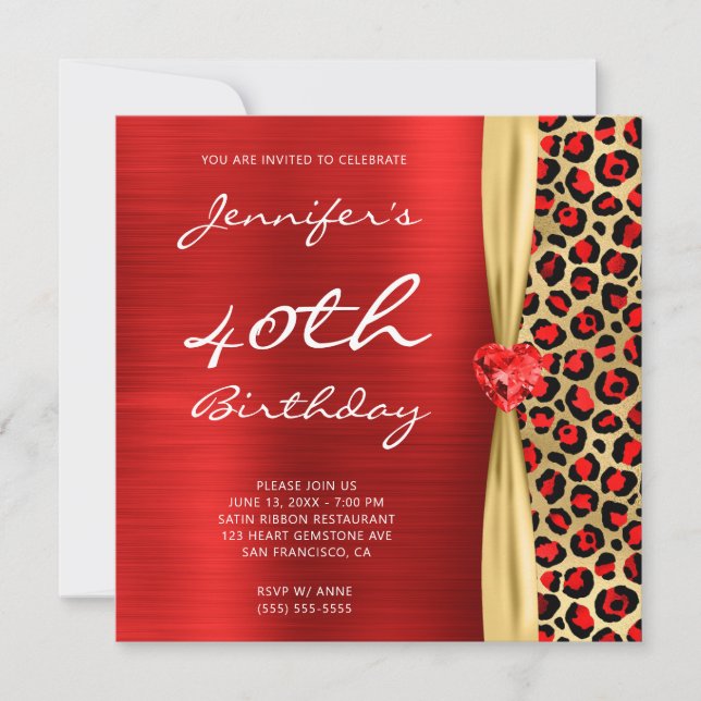Red Gold Leopard Foil Gem Ribbon 40th Birthday Invitation (Front)