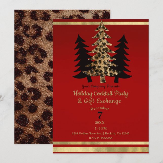Red Gold Leopard Glam Christmas Tree Party Invitation (Front/Back)