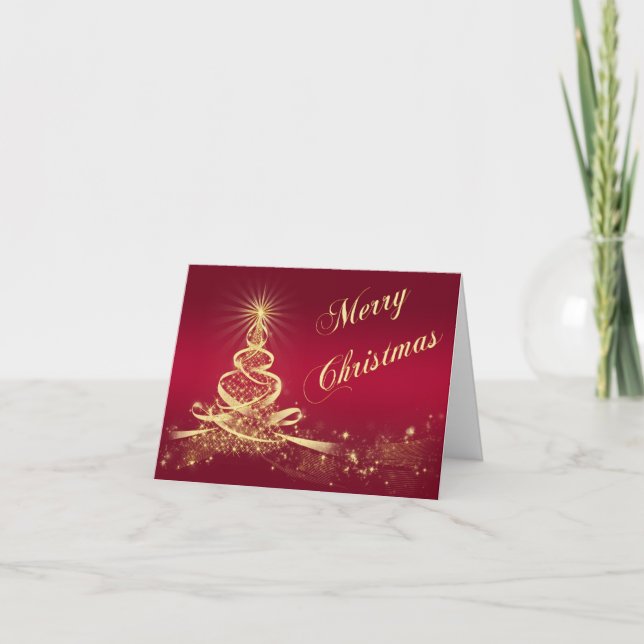 Red, Gold Lighted Tree Corporate Christmas Card (Front)
