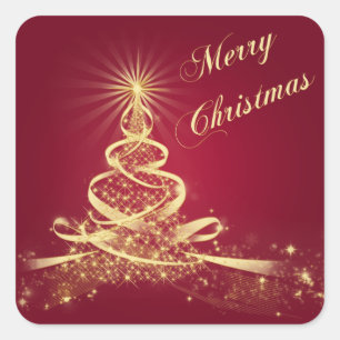 Red, Gold Lighted Tree Merry Christmas Sticker