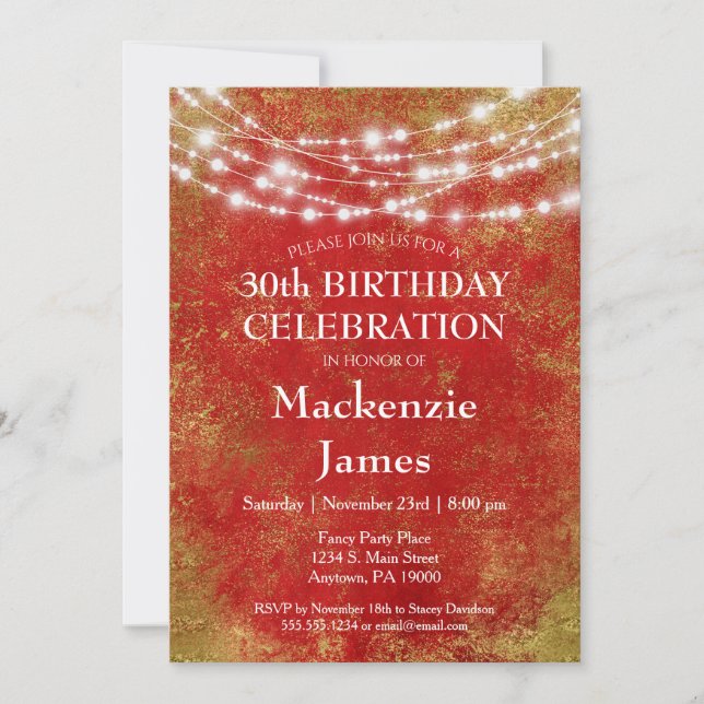 Red Gold Lights Birthday Party Invitation Adult (Front)