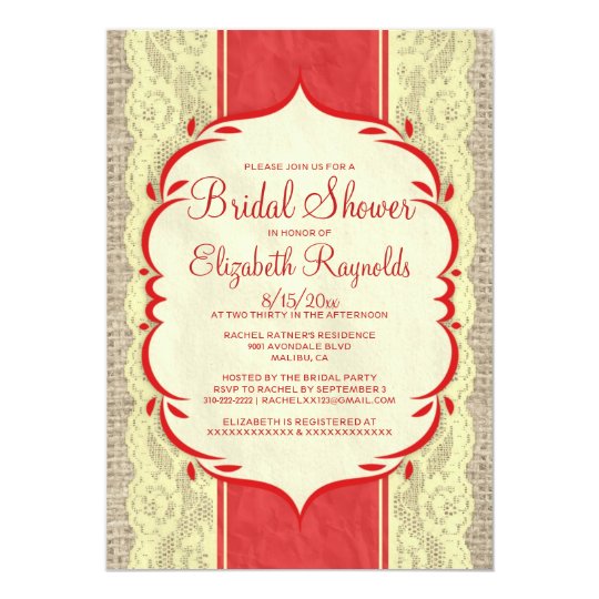 Red Gold Linen Burlap Lace Bridal Shower Invites
